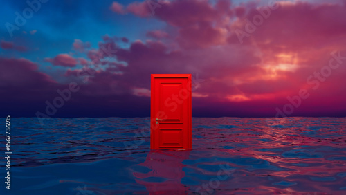 Photography Vibrant red door stands mysteriously in the middle of a vast ocean, bathed in th