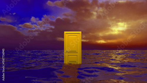Canvas Print Mysterious yellow door stands on the surface of a vast body of water, set agains