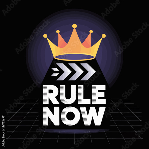 Rule now movie production crown film industry leadership entertainment business success strategy tips guide vector artwork on transparent background