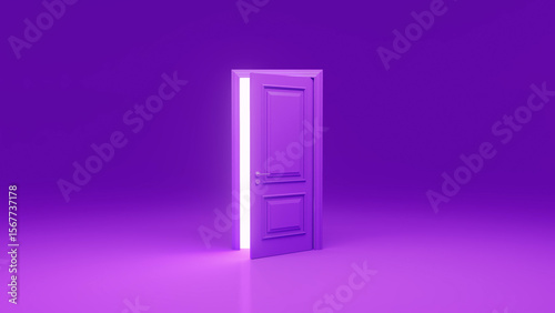 Slightly open purple door showing bright white light in empty purple room with minimalist design, creating a concept of mystery, hope, and new beginnings