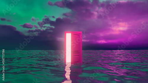 Φωτογραφία Glowing pink door stands in a rippling teal and purple ocean under a dramatic sk
