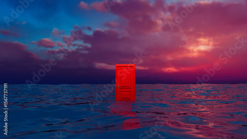 Vibrant red door stands mysteriously amidst the ocean waves, bathed in the warm glow of a dramatic sunset with a cloudy sky, creating a surreal and thought provoking scene