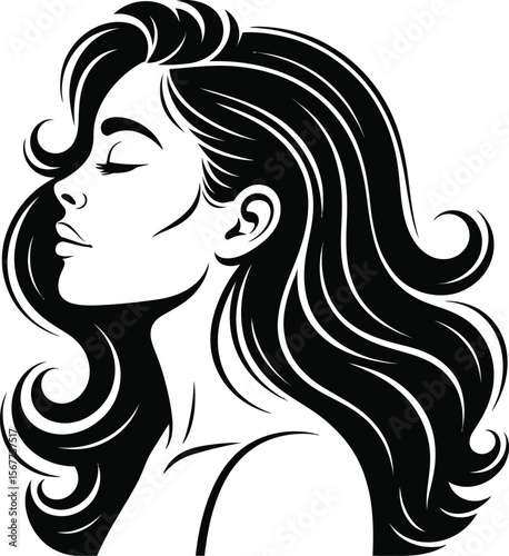 Beautiful Woman Profile Vector | Female Silhouette with Long Wavy Hair | Stylish Fashion Beauty Illustration