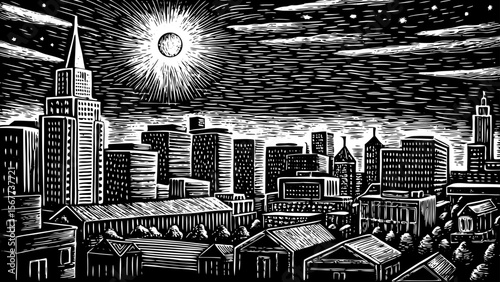 city skyline at night with moon and stars, great for urban illustrations, travel prints or architecture blogs vector a black and white line art illustration