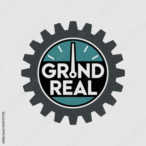 A stylized gear with the words grind real inside a circular clock face with a single hand pointing upwards symbolizing time and effort