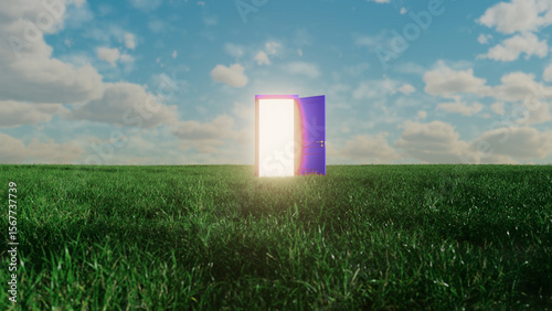 Obraz na plátne Surreal image depicting an open purple door standing in a green field under a cl