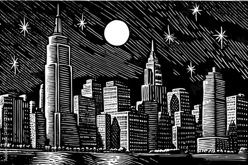 city skyline at night with moon and stars, great for urban illustrations, travel prints or architecture blogs vector a black and white line art illustration