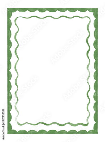 Hand painted watercolor frame with green wavy edges. Illustration Isolated on white background for baby shower invitations, greeting cards, wedding stationery.