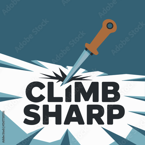 A sharp knife pierces through ice shattering it and creating a starburst effect around the text climb sharp symbolizing determination and breaking through challenges