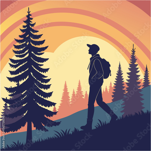 Dramatic Hiker Silhouette Against Pine Forest Sunset – Nature Adventure Scene, Mountain Backpacker View, Tranquil Wilderness Landscape, Inspirational Outdoor Art, Golden Hour Hiking Photography