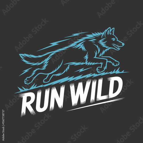 Dynamic illustration of a stylized wolf in mid stride with the text run wild conveying speed and freedom against a dark background