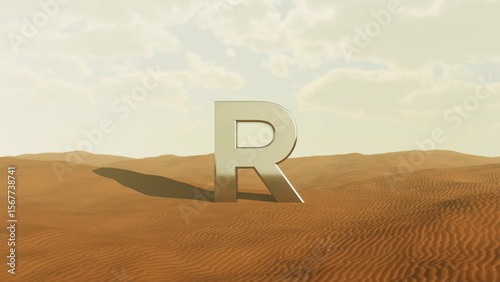 Canvas Print Large metallic letter r standing prominently in a vast desert landscape, surroun