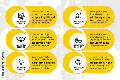 Infographic template with icons and 6 options or 6 steps. Can be used for workflow layout, diagram, timeline, banner, webdesign, business report, presentation. Vector illustration.