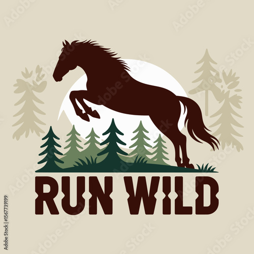 Majestic dark brown horse silhouette leaping joyfully through a stylized forest landscape with the words run wild below evoking freedom and nature