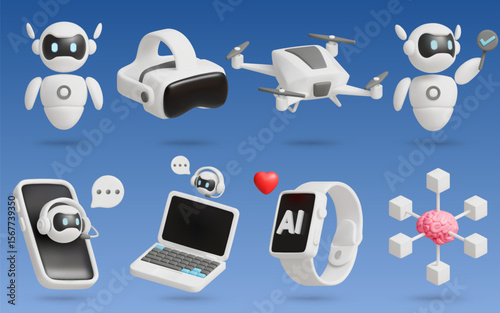 Artificial Intelligence 3D Vector Icon Set: Robot,Vr headset,Drone,Mobile phone,Laptop,Smart watch,Neural Brain Network