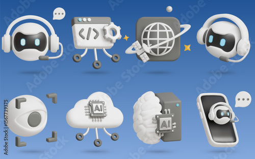 Artificial Intelligence 3D Vector Icon Set: Ai assistant,Coding,Iris Scan,Cloud System,Mechanical Brain,Ai phone