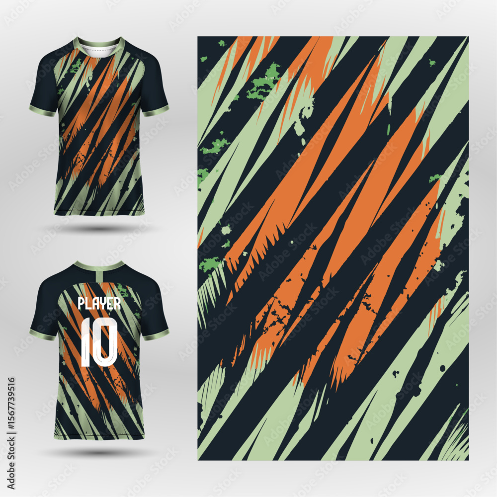 Fototapeta premium Colorful Sublimation Sports Jersey Design – Brush Stroke Vector Template for Activewear and Team Kits.