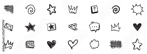 Handwritten set of different emoticons. Heart, crown, arrows, arrows, underlines, lightning, flower, love crowns and other elements in a hand drawn style for concept designs. Scribble vector illustra
