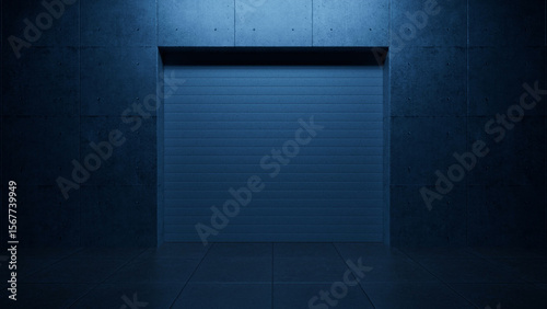 Closed metal garage door in a dark empty concrete room with blue lighting creates a mysterious and futuristic atmosphere, ideal for product placement or background
