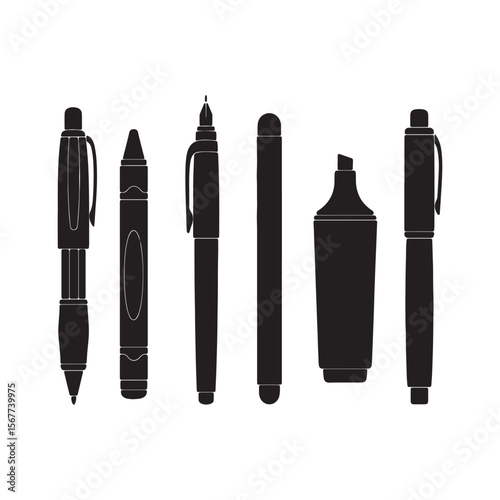 Black Silhouettes of Six Writing Instruments Stylus Pen Crayon Fountain Pen Marker Ballpoint Pen Arranged Vertically Against White Background