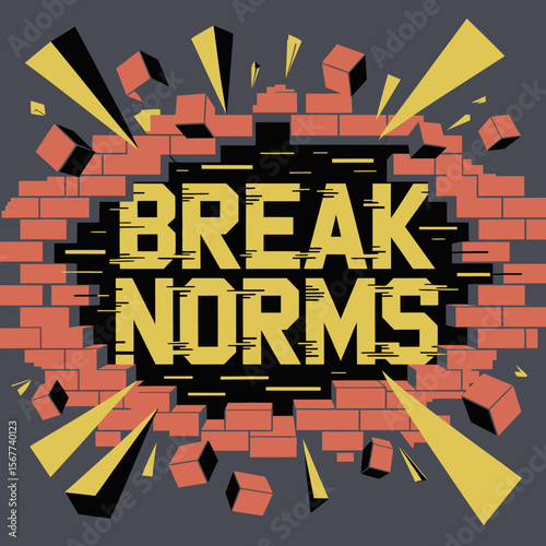 Break norms text graphic with a brick wall shattering outwards revealing a black void with yellow text and abstract shapes and cubes flying out