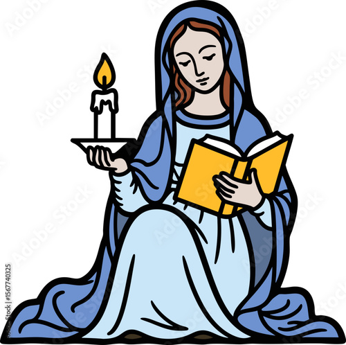 Serene Virgin Mary with Candle & Book - Devotional Art for Spiritual Reflection, Christmas & Religious Themes