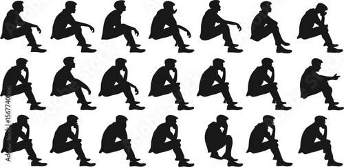 Vector art of a repeating pattern of male silhouettes in various seated contemplative positions