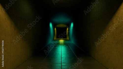 Foto Green and yellow lights glowing in a dark corridor with concrete walls create a