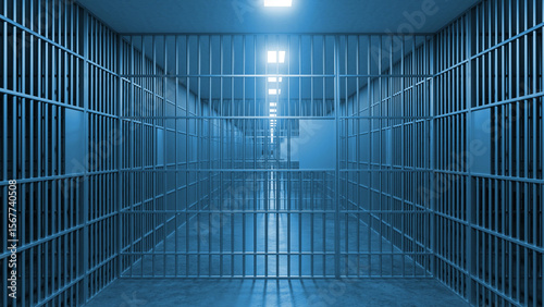 Fotografie Long corridor created by jail bars leads to a brightly lit area, evoking feeling