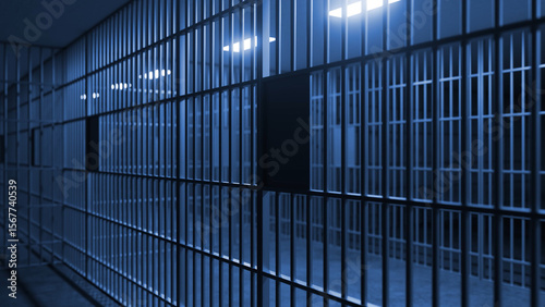 Wallpaper Mural Long corridor inside a prison featuring rows of cells, with bars casting intricate shadows under blue lighting, evoking feelings of confinement and isolation in a cold, dark space Torontodigital.ca