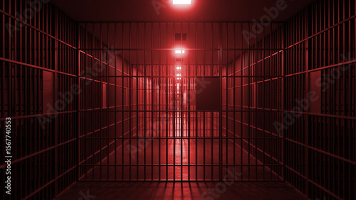 Red emergency lights illuminating a long jail corridor lined with metal bars and heavy doors, creating a dramatic and tense atmosphere filled with feelings of confinement and fear