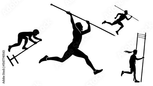 Vector art of athletes in silhouette preparing to throw javelins and running, isolated on transparent background