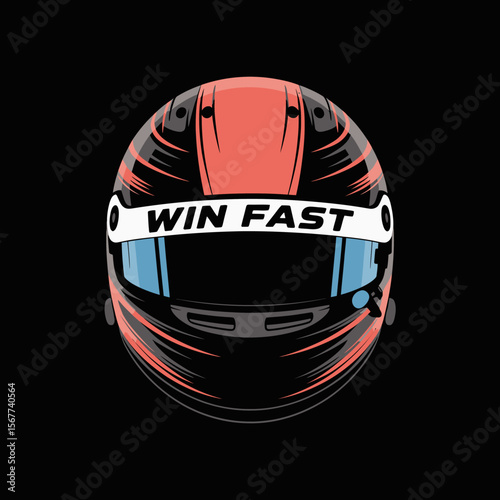 Stylized racing helmet with the words win fast in white on a visor against a black background symbolizing speed and victory in motorsports