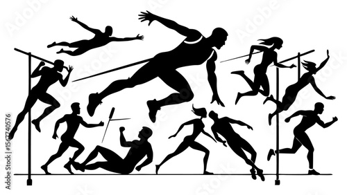Vector art of athletes in silhouette running and jumping over hurdles, isolated on transparent background