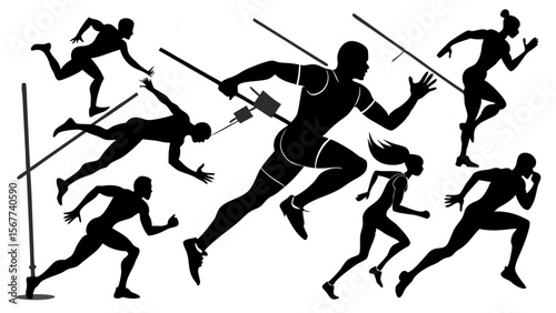 Vector art of athletes in silhouette running and throwing javelins, isolated on transparent background