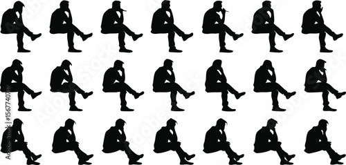 Vector art of a collection of diverse male silhouettes sitting in various contemplative poses