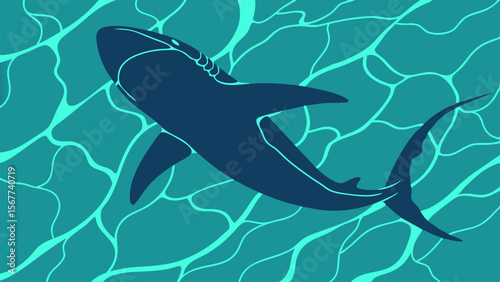 Vector art of a dark blue shark swims through turquoise water with abstract light patterns