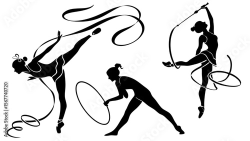 Vector art of three rhythmic gymnasts perform with ribbons and a hoop in dynamic poses