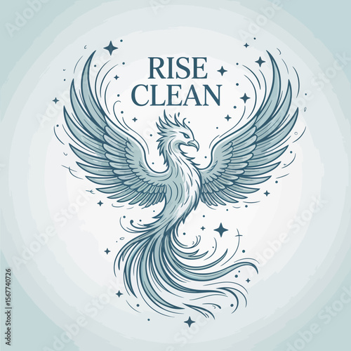Elegant blue line art phoenix with outstretched wings and flowing tail feathers surrounded by stars and the words rise clean symbolizing rebirth and purity
