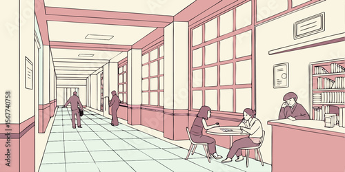Vector art of people in a bright school hallway with large windows and a cafe area