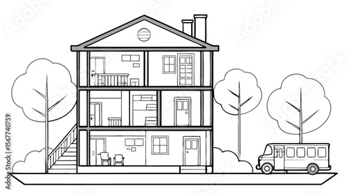 Vector art of a detailed cutaway illustration of a multistory house with a bus parked outside