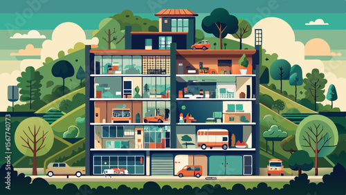 Vector art of a modern apartment building with visible rooms and people, set against a green landscape