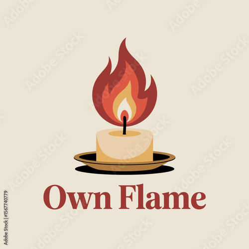 Stylized illustration of a lit candle with a bold flame and the text own flame below symbolizing inspiration and personal expression