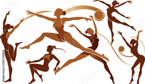 Vector art of silhouettes of graceful female dancers in dynamic poses are isolated on a white background