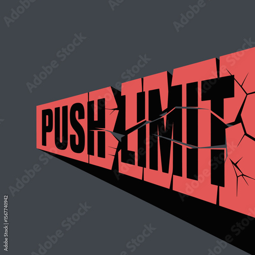Bold red 3d text reading push limit cracks and breaks apart with sharp edges and a dark shadow against a dark gray background representing breaking boundaries and exceeding expectations