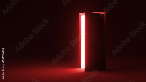 Slightly open door letting a bright white light pass through, illuminating a dark red room, creating a mysterious and intriguing atmosphere