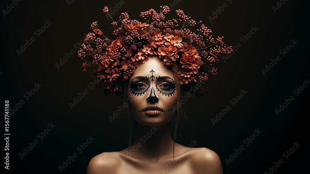 Female figure with calavera makeup and floral headpiece on black background – elegant Dia de los Muertos styled image with strong contrast, symbolism, and artistic expression