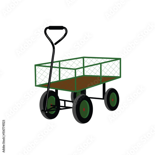 Green garden rural agriculture cart camping cart black wheels, flat vector icon illustration isolated on white background, EPS