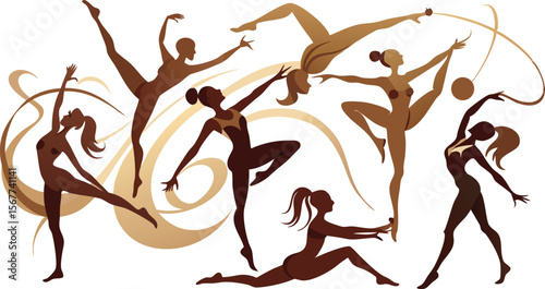 Vector art of group of gymnasts performing with hoops, ribbons, and balls, isolated on transparent background