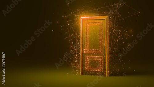 Foto Bright golden door emanating light and surrounded by network connection on dark